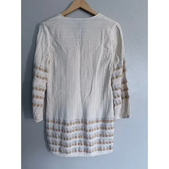 BCBGMAXAZRIA bcbg cream beige silver gold zigzag embroidered cotton tunic dress - Picture 4 of 8